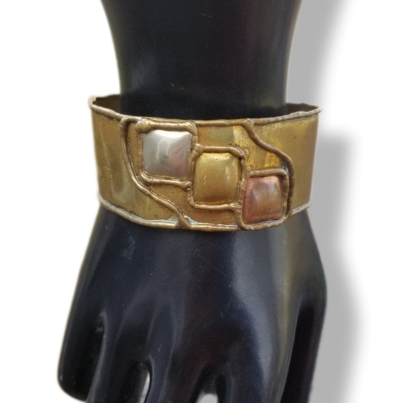 VINTAGE TRI COLOR BRASS, COPPER & STERLING SILVER BRUTALIST CUFF BRACELET - Picture 1 of 7